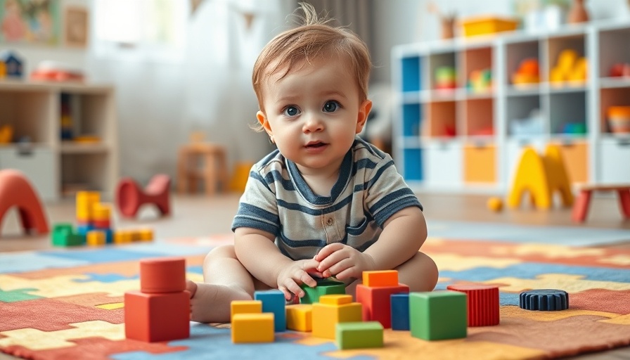 Child with Autism Spectrum Disorder playing with blocks in playroom.