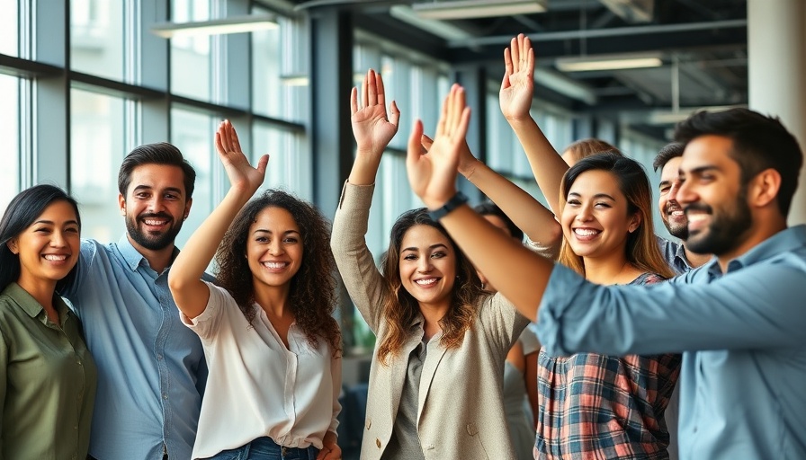 Diverse team celebrating unity in modern office space.