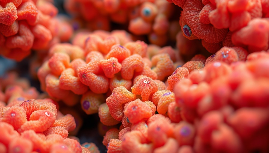 Microscopic image of brain organoids in vibrant colors.