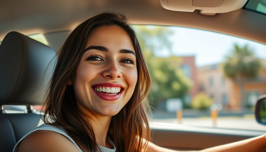 Cheerful young woman in a car, smiling broadly in daylight.