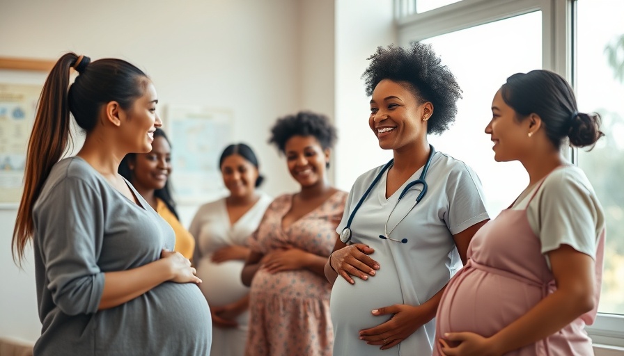 Healthcare professional interacts with expectant mothers in clinic.