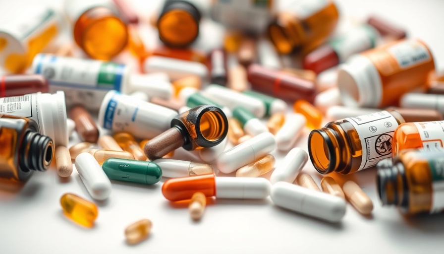 Variety of supplements and medications in containers, top view.