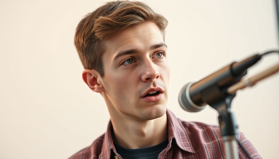 Casual person speaking into microphone in studio setting.