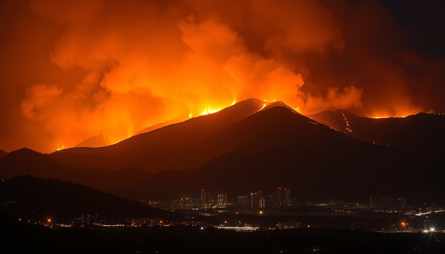 Wildfire smoke and night flames illuminating cityscape.