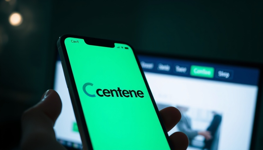 Centene logo on phone with website in background.