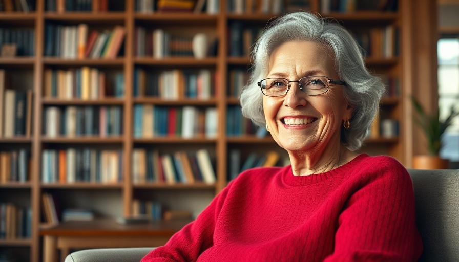 Smiling older woman in red sweater in a cozy library scene