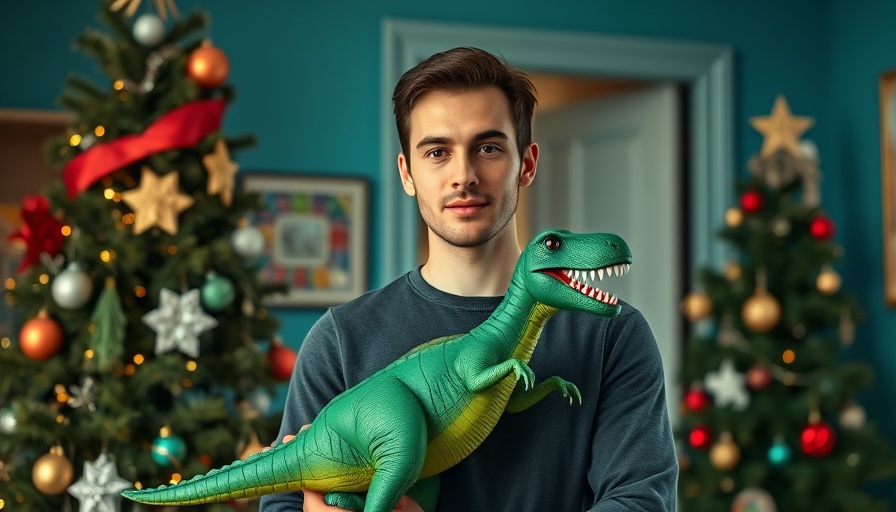 Missing man with autism holding toy dinosaur by Christmas tree.