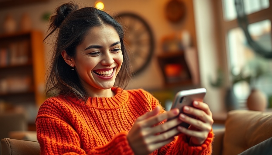 Young woman smilingly using phone in cozy setting, highlighting average tax refund investment for retirement.