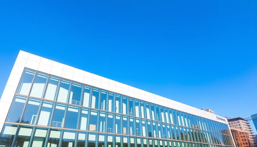 Modern building exterior with glass facade and blue sky.