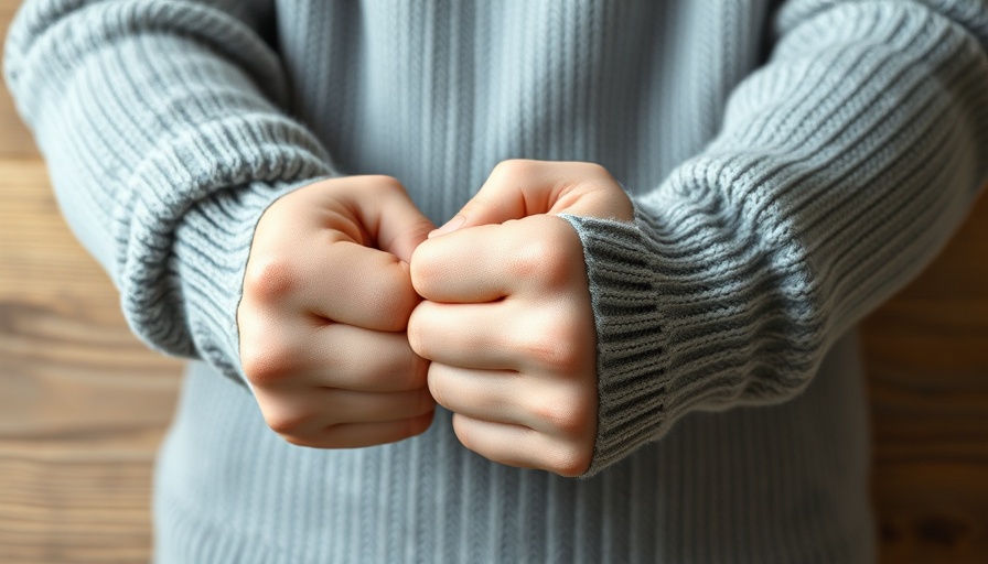 Close-up of fists in a grey sweater on a table.