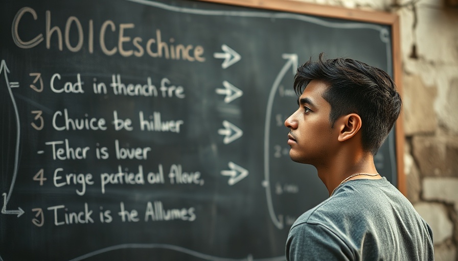 Young man faces chalkboard with arrows, contemplating choices.