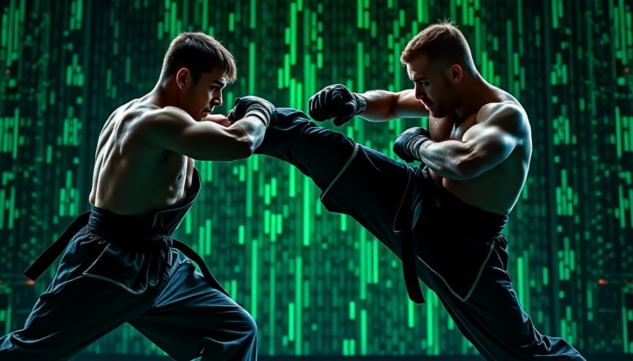 Martial artists sparring on a digital grid background, showcasing fundamentals of martial arts.