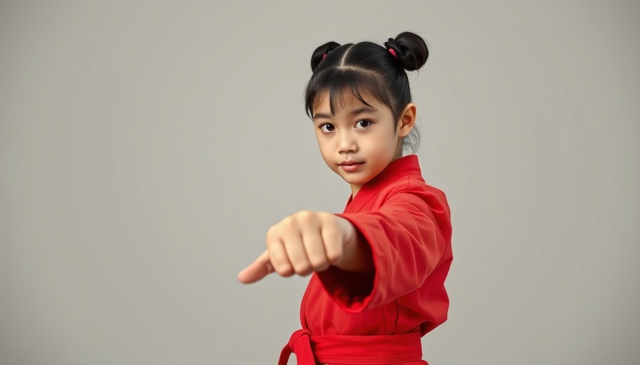 Young girl practicing self-defence in martial arts uniform.