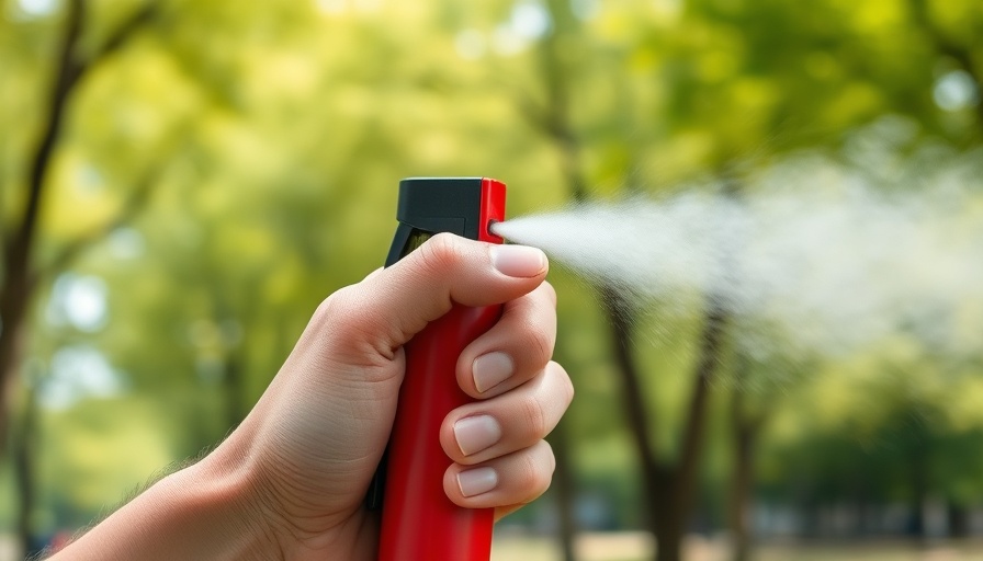 Self defense tools, pepper spray in use in a park setting.