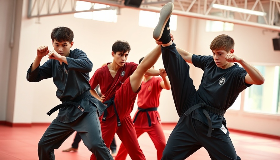 Kids practicing martial arts kicks in a studio, cultivating self-respect.