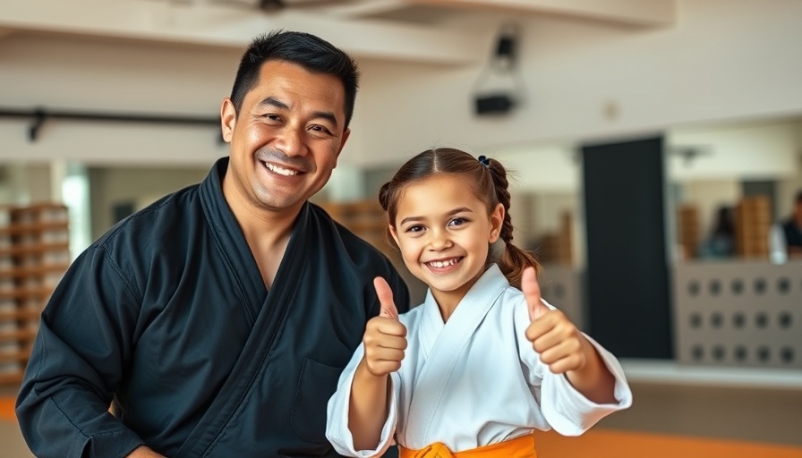 Martial arts instructor with a young girl displaying thumbs up, highlighting leadership skills.