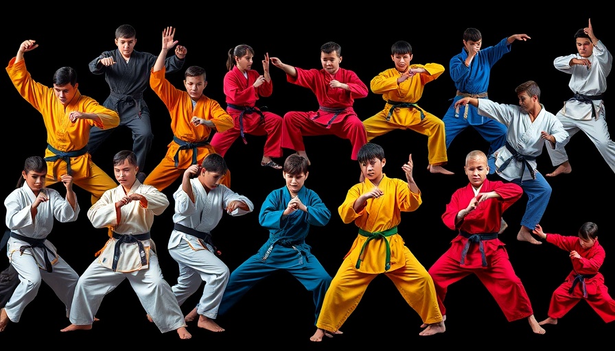 Martial arts students in dynamic collage for child development.