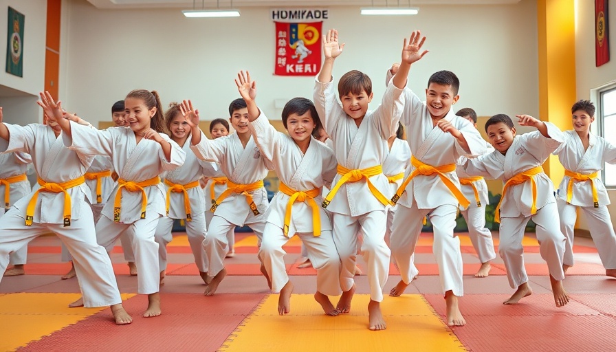 Energetic kids practicing martial arts in a colorful studio.