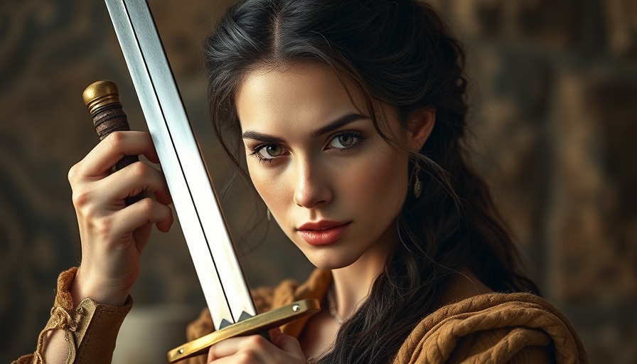 Martial Arts Renaissance woman with sword, intense gaze.