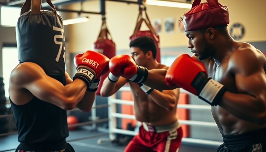 Boxers using speed bag and double-end bag in gym.