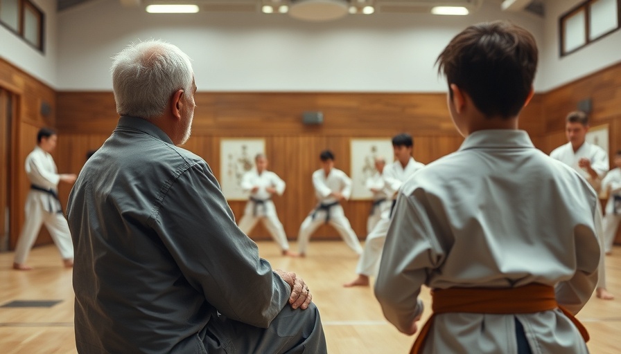 Mitori Geiko: Martial artist observing karate practice in a dojo.