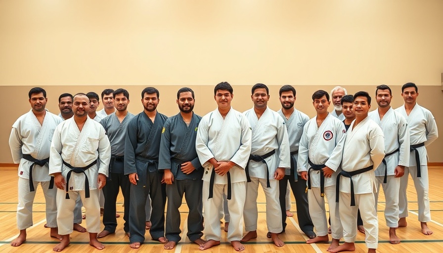 Diverse group celebrating martial arts achievements in a gym.