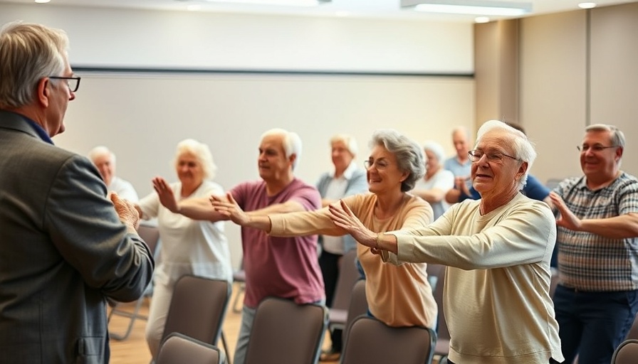 Older adults exercise class at 2025 Senior Expo in a bright conference room.