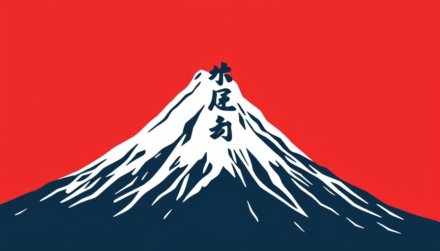 Stylized mountain with kanji on red background symbolizing grounding techniques in martial arts