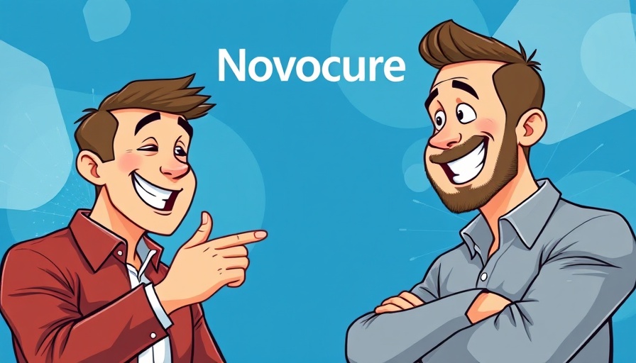 Cartoon men discussing Novocure NVCR Stock Investment with logo.