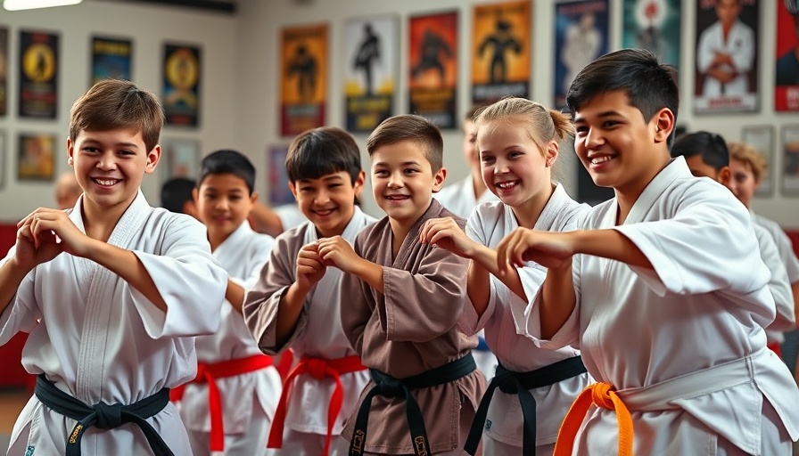 Martial arts class to boost child's confidence, happy kids practicing.