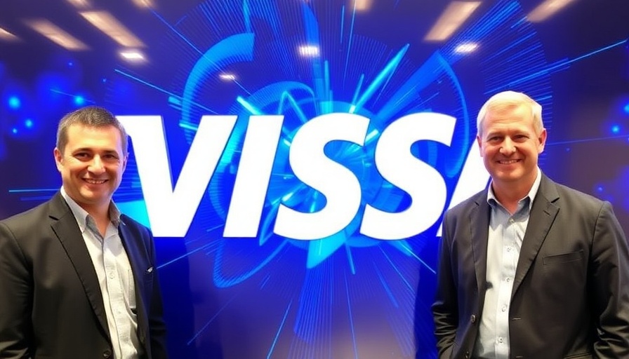 Digital art of two men smiling beside VISA logo with text and graphics.