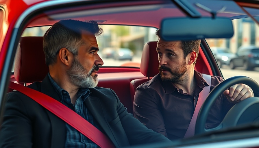 Two men discussing inside a red car under natural sunlight.