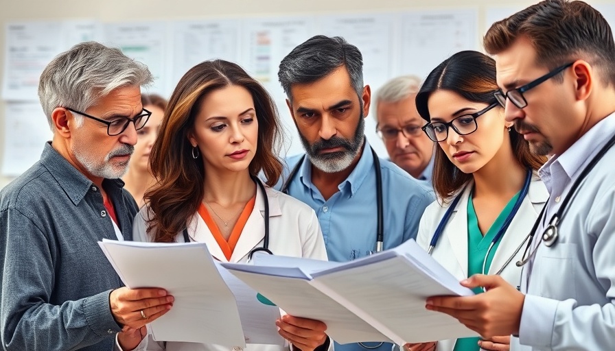 Diverse adults discussing medical records, Medicaid Enrollees Ages 19-64 Chronic Conditions.