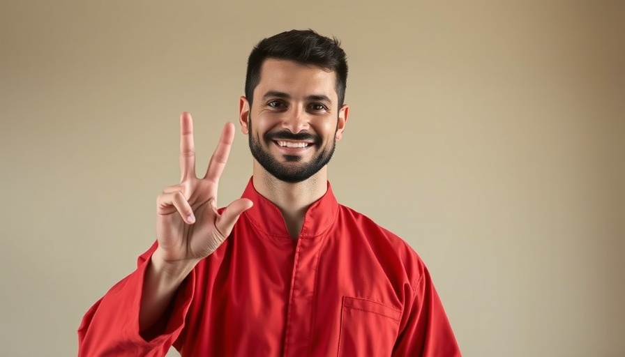 Man promoting martial arts conflict resolution skills, red shirt, peace sign.