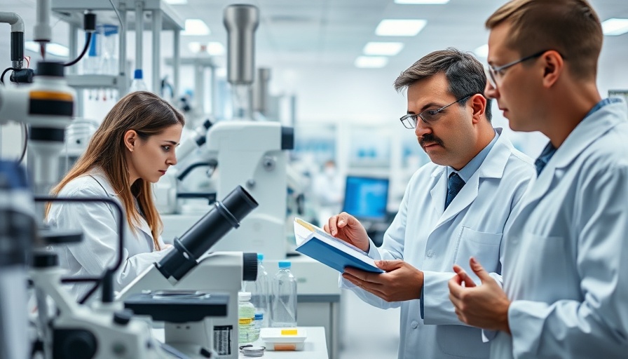Researchers in lab discussing advances in multiple myeloma research.