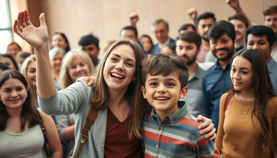 Supportive crowd with a woman and boy smiling, highlighting community support.