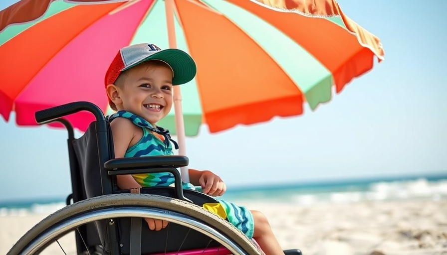 Young boy smiling on a beach in a wheelchair under an umbrella.