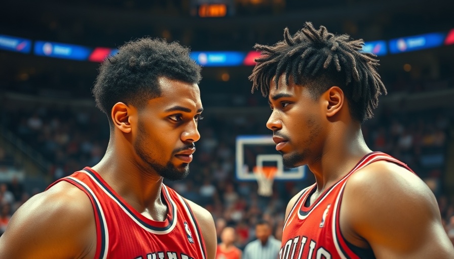 Basketball players discussing strategy on court.