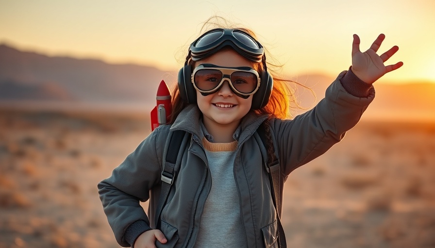 Confident young girl with toy rocket backpack in desert sunset.