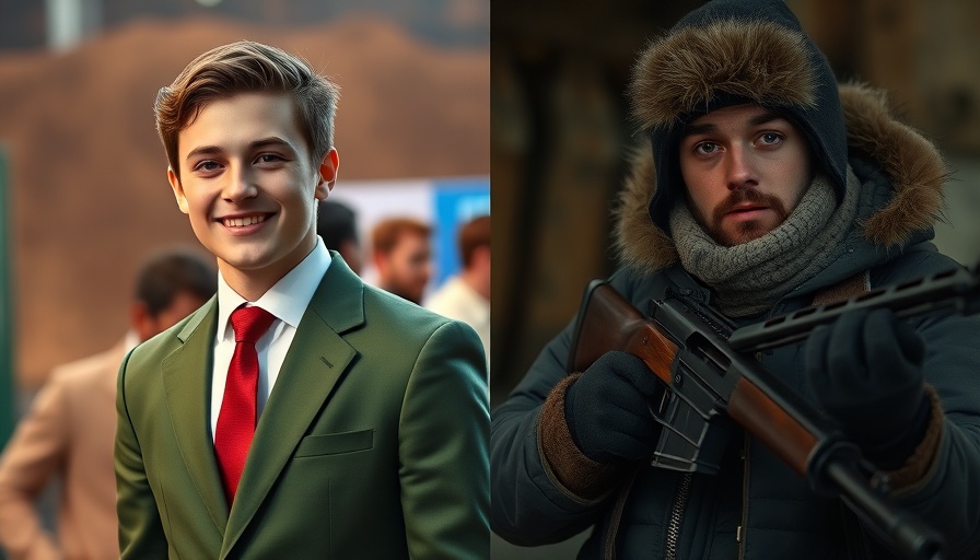 Contrasting images of young person at event and in survival setting.