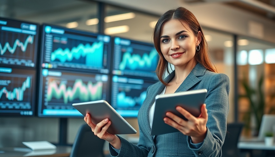 Professional woman presents investment data for retirees, modern office.