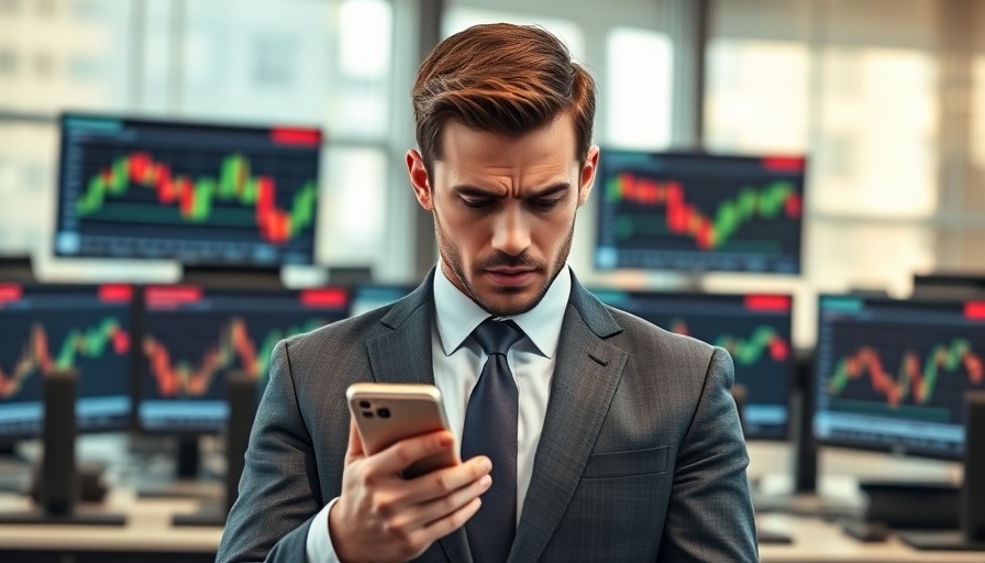 Stressed businessman reviewing stock market on screens due to Trump 10% tariffs.