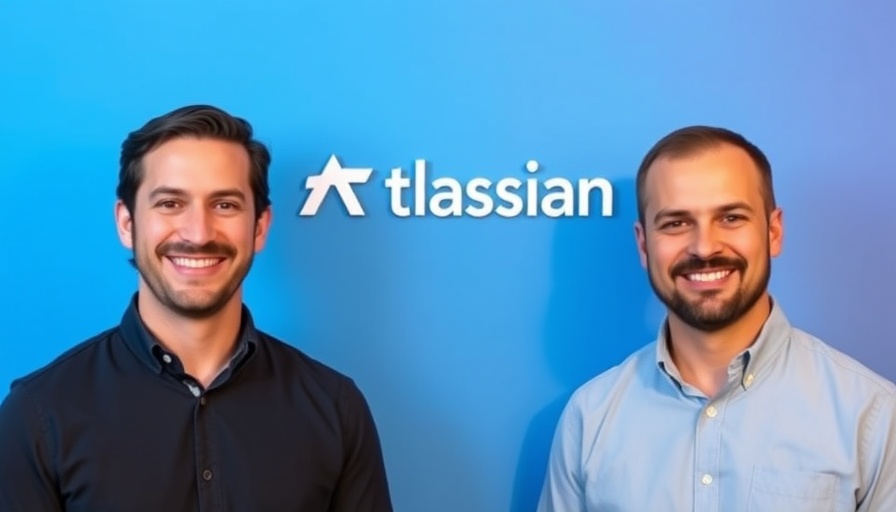 Atlassian's AI Innovations: Two smiling men with Atlassian logo.