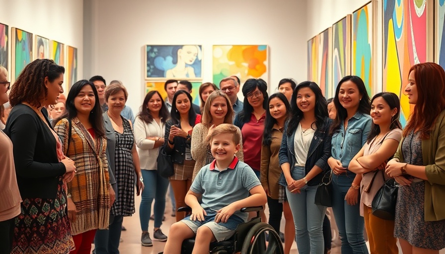 Diverse group at autism art exhibition with vibrant artwork.