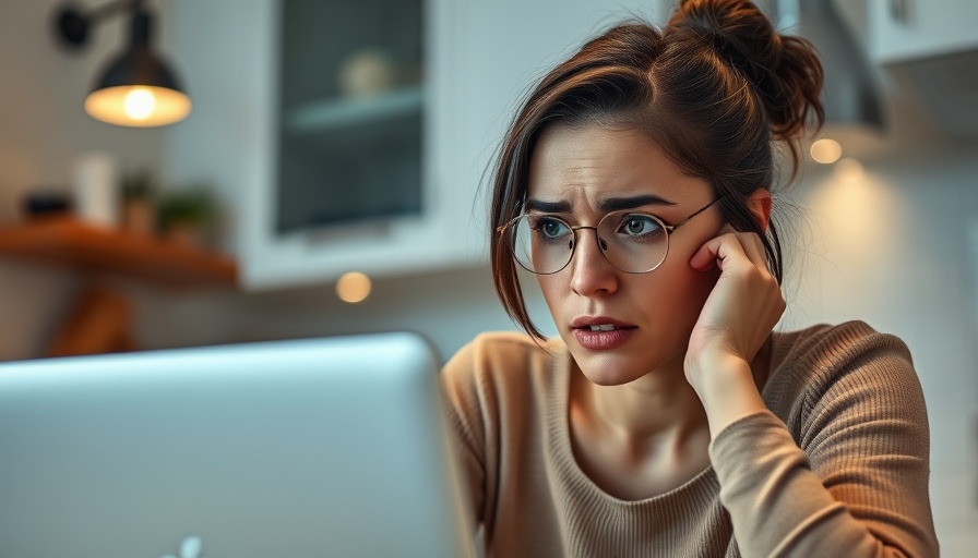 Concerned woman viewing laptop, linked to Sony's stock decline.