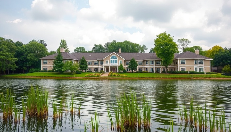 Serene lakeside senior living care coordination facility with lush greenery.