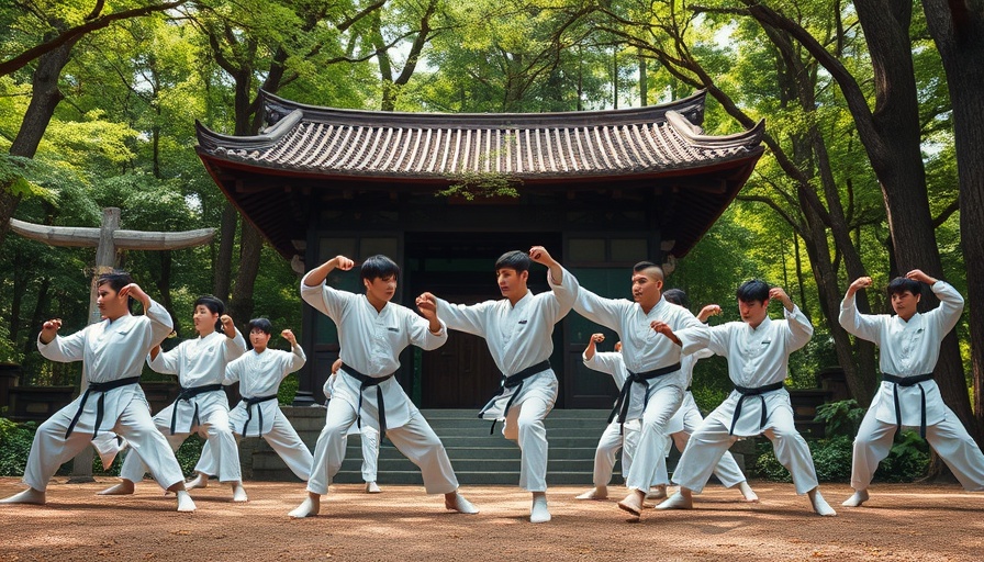 Martial artists in white uniforms practicing in a forest.