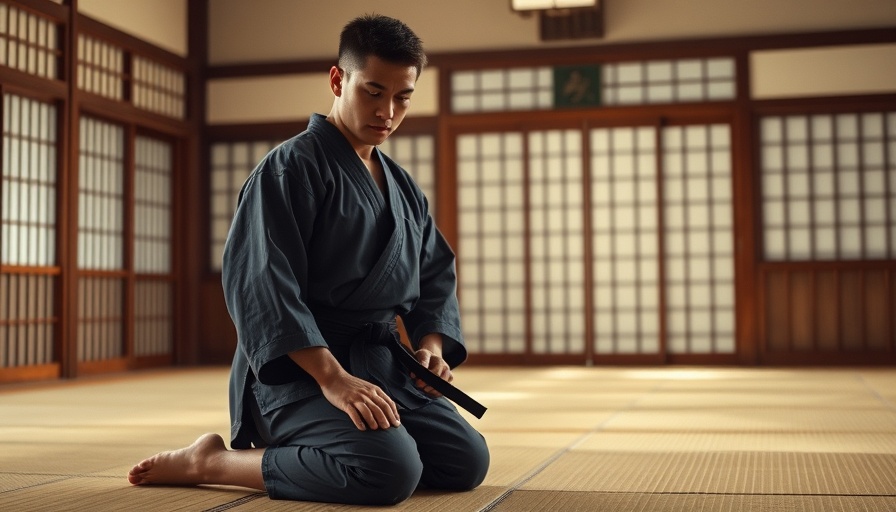 Martial artist kneeling in dojo for Renshusei Experience.