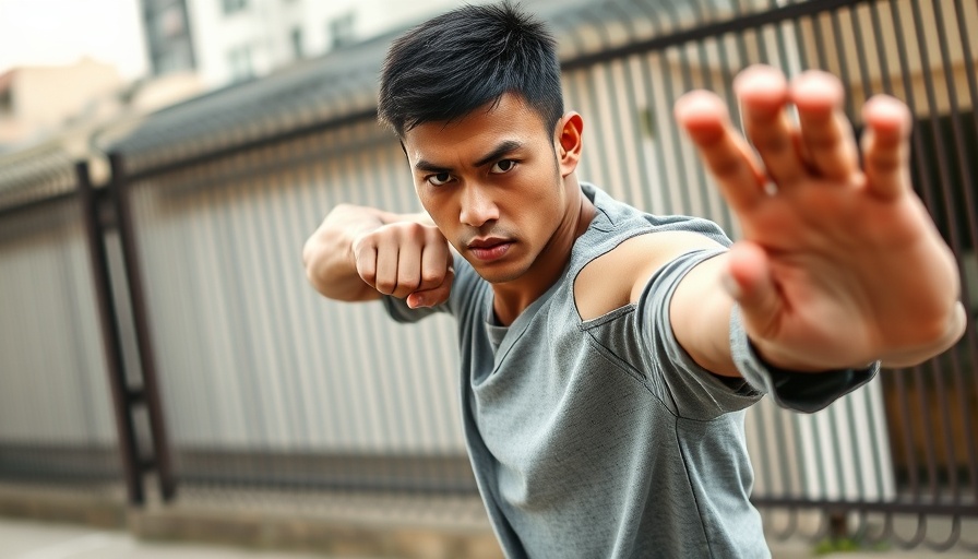Young man practicing martial arts outdoors in urban setting.