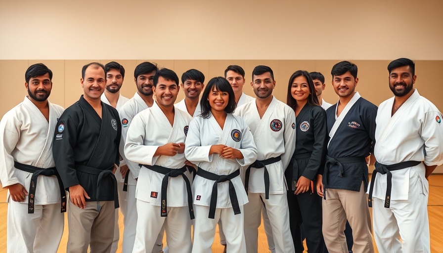Martial arts instructors and students posing in a dojo in Gurnee.